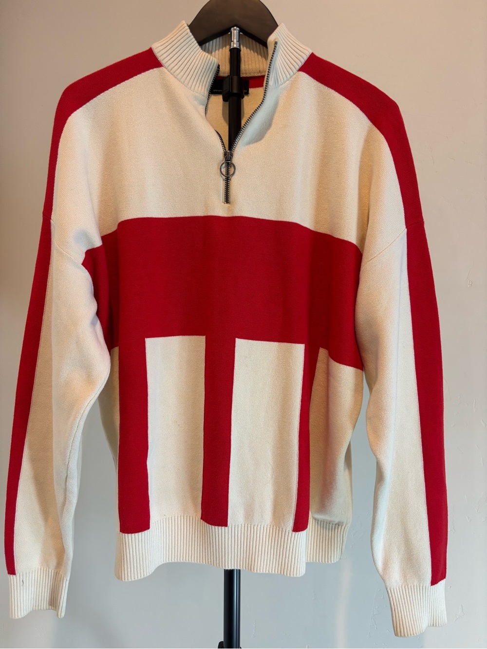 Zara Red Cream Colorblock Quarter-Zip Sweater Men’s M - Picture 1 of 6